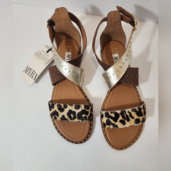 Myra Bag Shoes - Myra Women’s Size 8 Leopard Print Gold‎ Studded Leather Sandals Boho chic READ